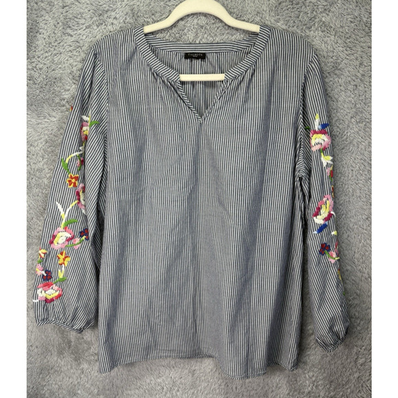 Talbots Womens Top 1X Petit Gray White Striped Floral Embroidered‎ V-Neck Boho - Picture 1 of 13